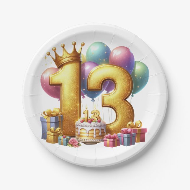 Plato De Papel Cumpleaños dorado número 13 (Anverso)