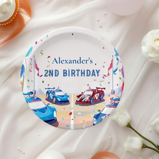 Plato De Papel Cumpleaños Dos Autos de Carreras Azules Rápidos (Subido por el creador)