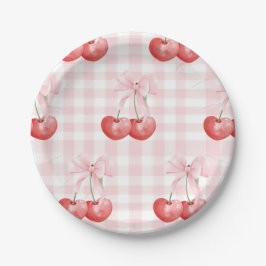 Plato De Papel Cumpleaños dulce de cereza rosa a cuadros