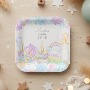 Plato De Papel Cumpleaños dulce unicornio acuarela arcoíris paste