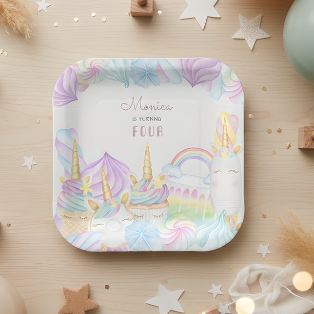 Plato De Papel Cumpleaños dulce unicornio acuarela arcoíris paste (Subido por el creador)