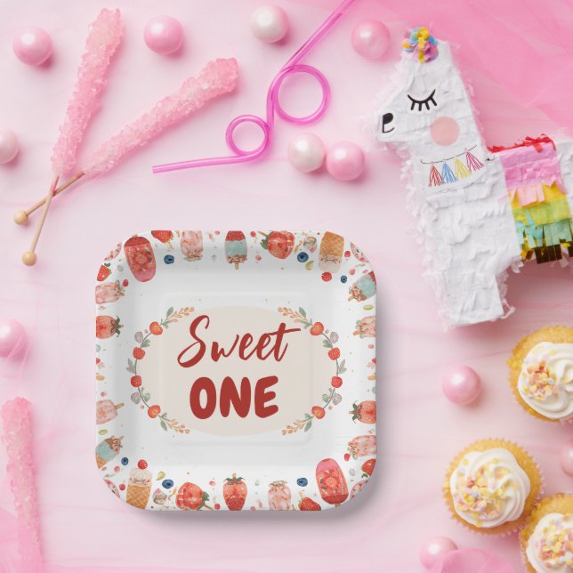 Plato De Papel Cumpleaños Dulce Uno Donut de Fresa Helado 1er  (Fiesta)