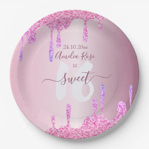 Plato De Papel Cumpleaños Dulces 16 Brillo Goteo Rosa Metálico