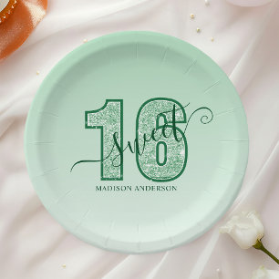Plato De Papel Cumpleaños Dulces 16 con Letra Brillante Verde