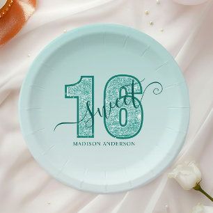 Plato De Papel Cumpleaños Dulces 16 Escritura Glitter Aqua Verde