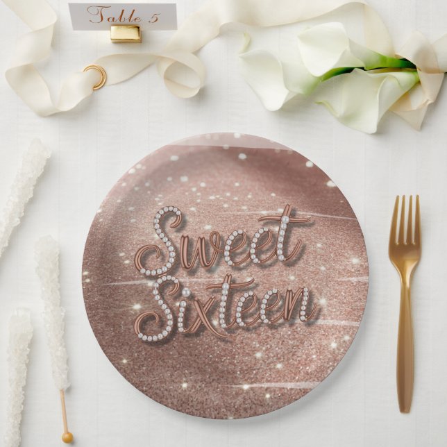 Plato De Papel Cumpleaños Dulces Dieciséis en Rosa Dorado y Perla (Boda)