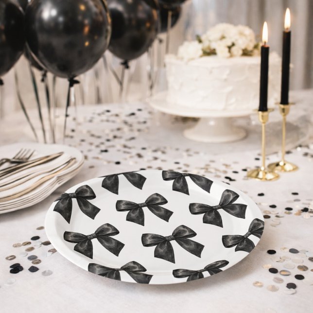 Plato De Papel Cumpleaños Elegante con Lazo Negro (Elegant Black Bow Birthday Paper Plates)