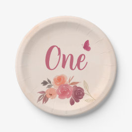 Plato De Papel Cumpleaños elegante en acuarela rosa floral uno 1e