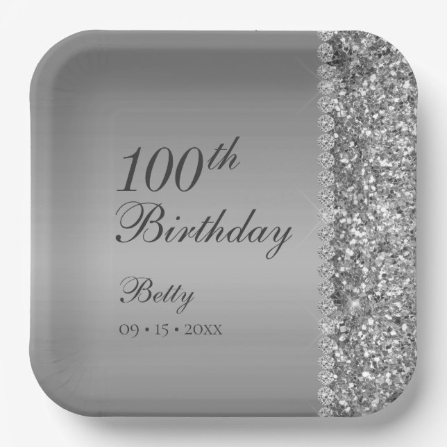 Plato De Papel Cumpleaños elegante número 100 (Anverso)