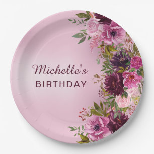 Plato De Papel Cumpleaños Elegante Vintage Rosas Florales Rosa Pú