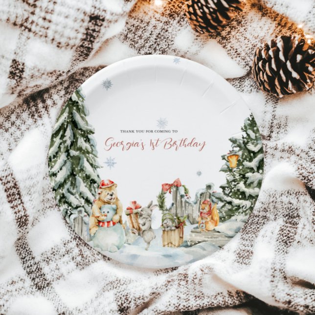 Plato De Papel Cumpleaños encantado del bosque de invierno (Subido por el creador)