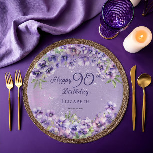 Plato De Papel Cumpleaños Feliz 90 Elegantes Violetas Moradas Flo