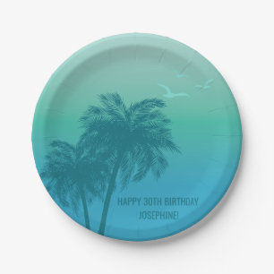 Plato De Papel Cumpleaños Feliz Aqua Azul Palmas Tropicales