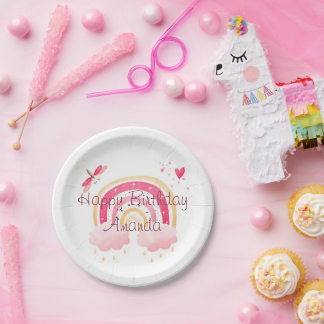 Plato De Papel Cumpleaños feliz arcoiris rosa personalizado (Fiesta)