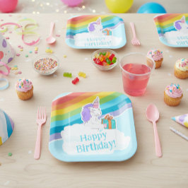 Plato de papel Cumpleaños Feliz Arcoíris Unicornio