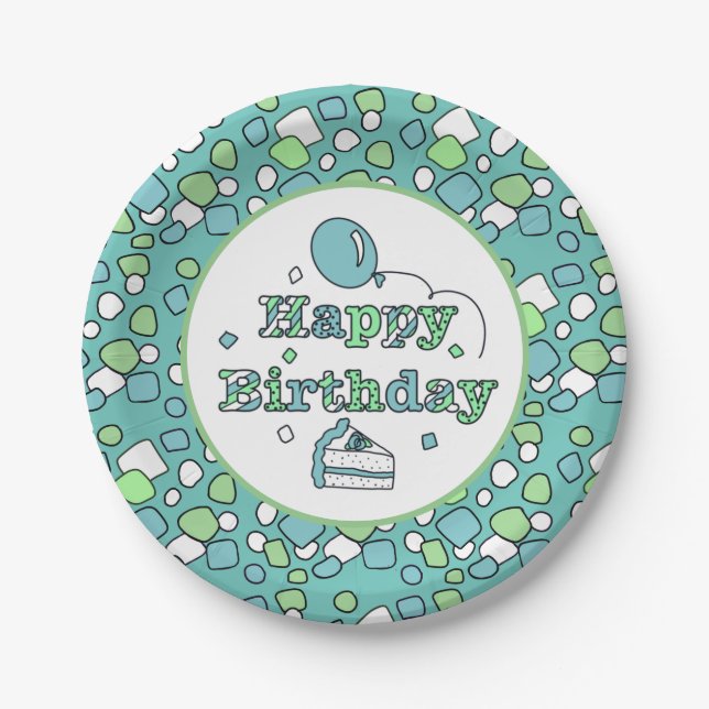 Plato De Papel Cumpleaños feliz azul y verde (Anverso)