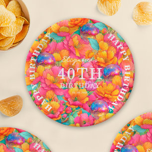 Plato De Papel Cumpleaños Feliz Bola de Disco Floral Rosa Brillan