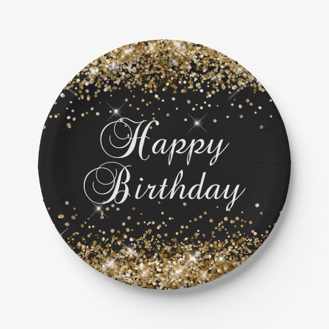 Plato De Papel Cumpleaños Feliz Brillo Dorado Negro (Anverso)