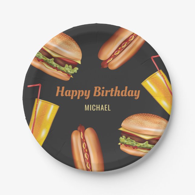 Plato De Papel Cumpleaños Feliz Comida Rápida De Hamburguesa Y Ho (Anverso)