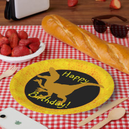 Plato De Papel ¡Cumpleaños feliz con cuero de dinosaurio dorado!