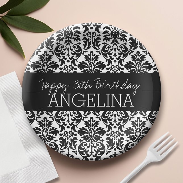 Plato De Papel Cumpleaños feliz con Damasco blanco y negro de mod (Custom Paper Plate)