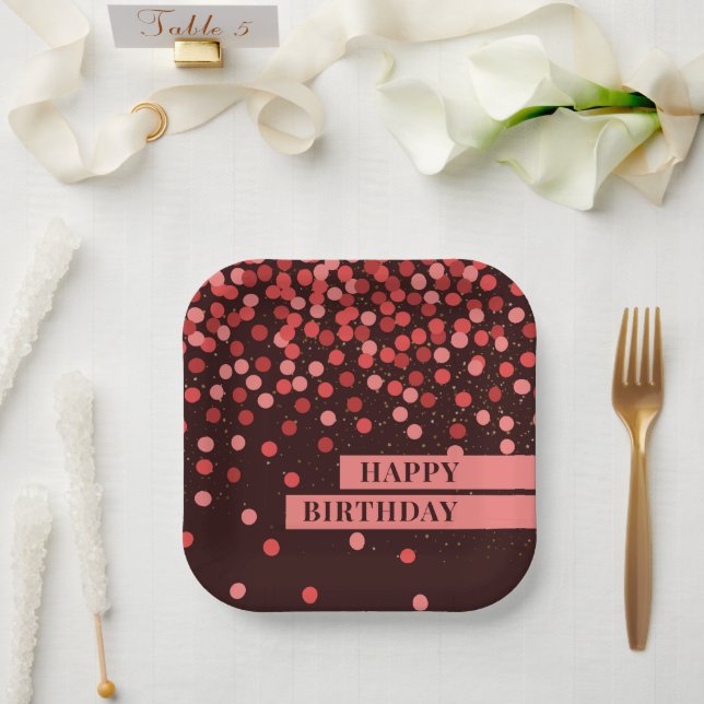 Plato De Papel Cumpleaños Feliz Confeti Negro y Rojo Chic (Boda)