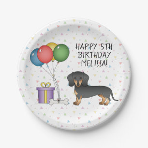 Plato De Papel Cumpleaños Feliz Dachshund Pelo Corto Negro y Cane