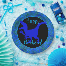 Plato De Papel ¡Cumpleaños feliz de cuero de dinosaurio azul!