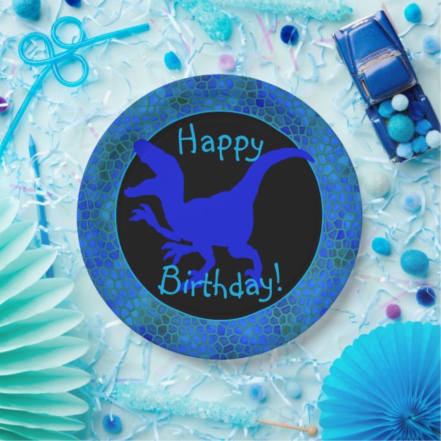 Plato De Papel ¡Cumpleaños feliz de cuero de dinosaurio azul! (Fiesta)