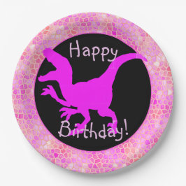 Plato De Papel ¡Cumpleaños feliz de cuero de dinosaurio rosa!