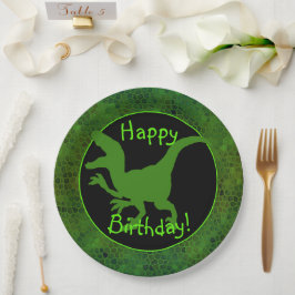 Plato De Papel ¡Cumpleaños feliz de cuero de dinosaurio verde!
