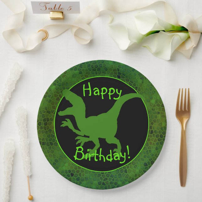 Plato De Papel ¡Cumpleaños feliz de cuero de dinosaurio verde! (Boda)