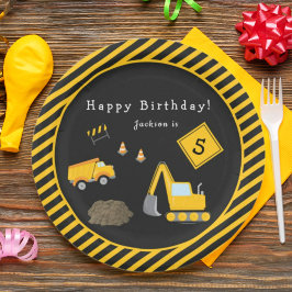 Plato De Papel Cumpleaños feliz de la construcción - Nombre y niñ