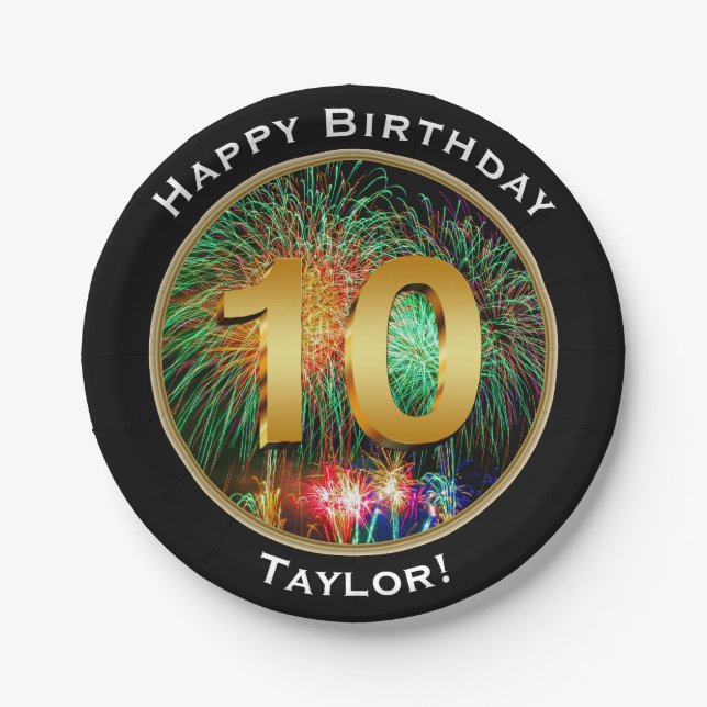 Plato De Papel Cumpleaños feliz de los fuegos artificiales décimo (Anverso)