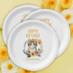 Plato De Papel Cumpleaños Feliz de Niña Pequeña con Gatito Adorab