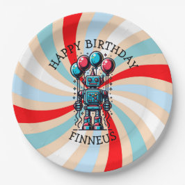 Plato De Papel Cumpleaños feliz de Robot Themed Boy