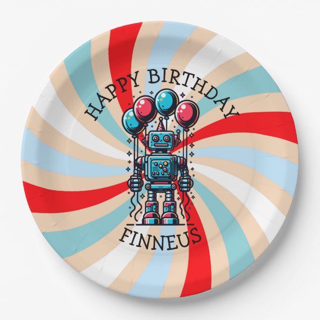 Plato De Papel Cumpleaños feliz de Robot Themed Boy (Anverso)