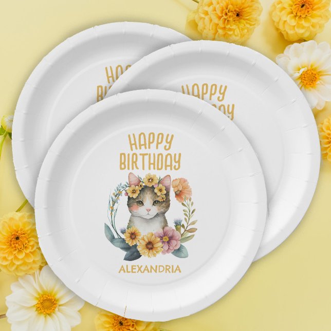 Plato De Papel Cumpleaños feliz de una pequeña gatita con gatito (Subido por el creador)
