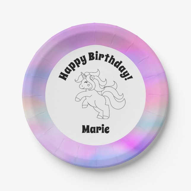 Plato De Papel Cumpleaños feliz del espacio de Unicorn (Anverso)
