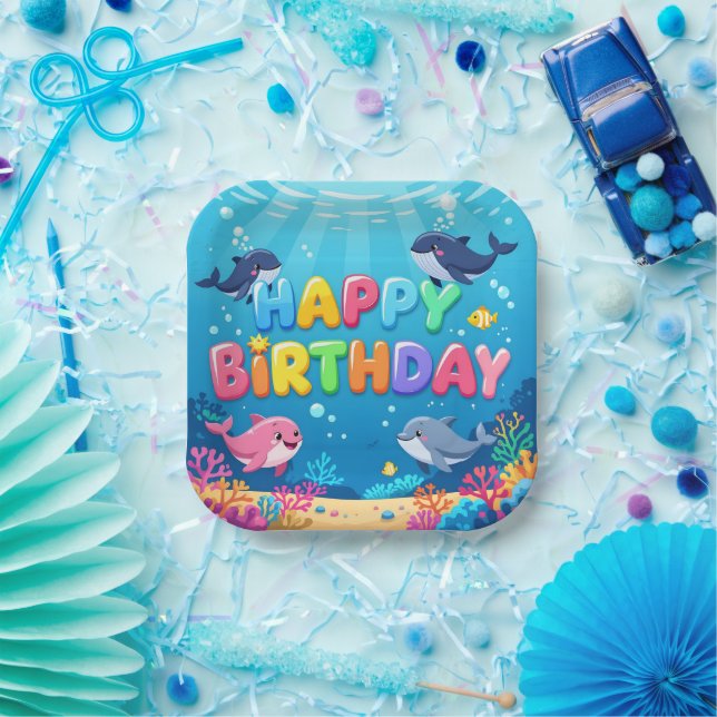 Plato De Papel Cumpleaños feliz delfín náutico lindo (Fiesta)
