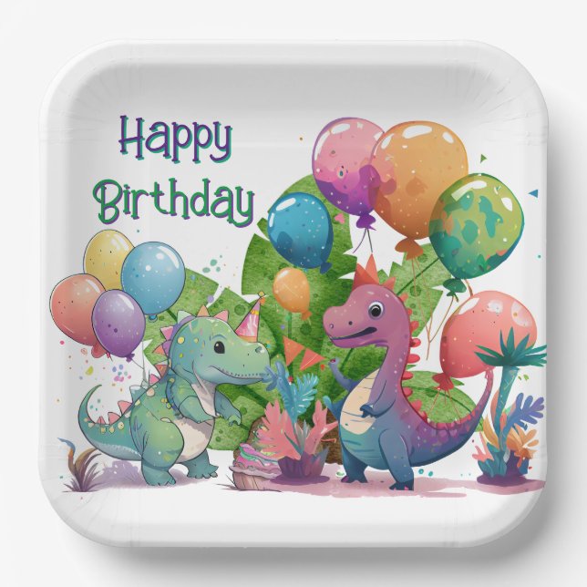 Plato De Papel Cumpleaños Feliz Dino Niños (Anverso)