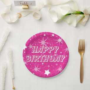 Plato De Papel Cumpleaños Feliz Estrellas de Brillo Rosa Caliente