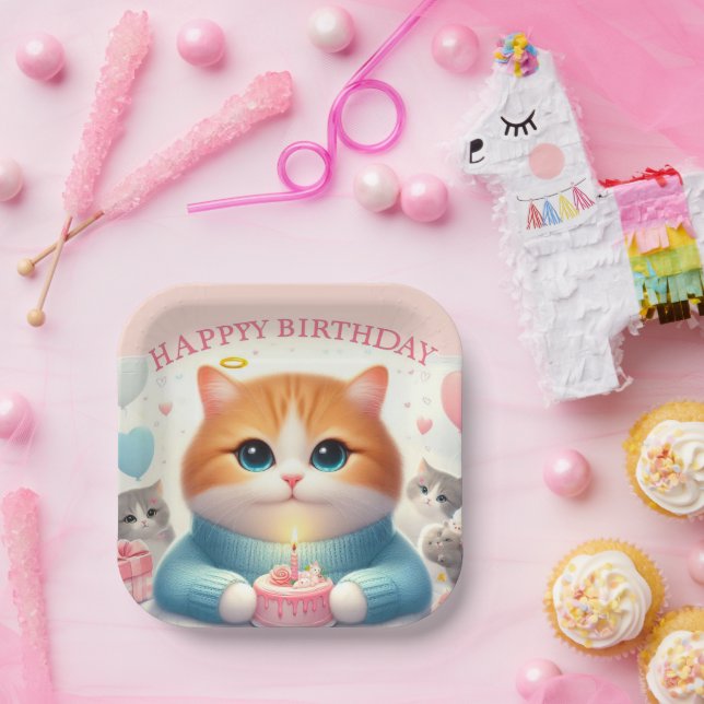 Plato de Papel Cumpleaños Feliz Gato Adorable (Fiesta)