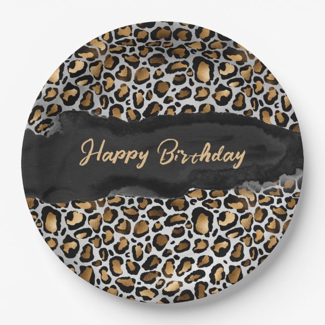Plato De Papel Cumpleaños Feliz Glam Leopardo (Anverso)