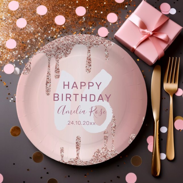 Plato De Papel Cumpleaños Feliz Moderno con Brillo de Oro Rosa (Subido por el creador)