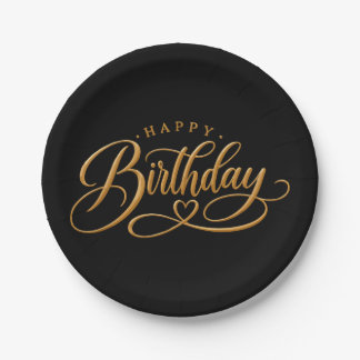 Plato De Papel Cumpleaños Feliz Moderno Elegante Negro y Dorado