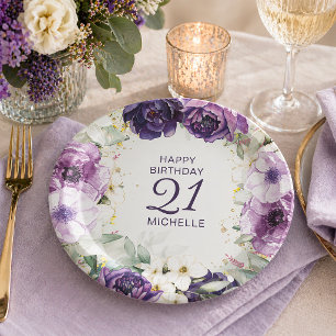 Plato De Papel Cumpleaños Feliz Nombre Edad Floral Blanco Morado