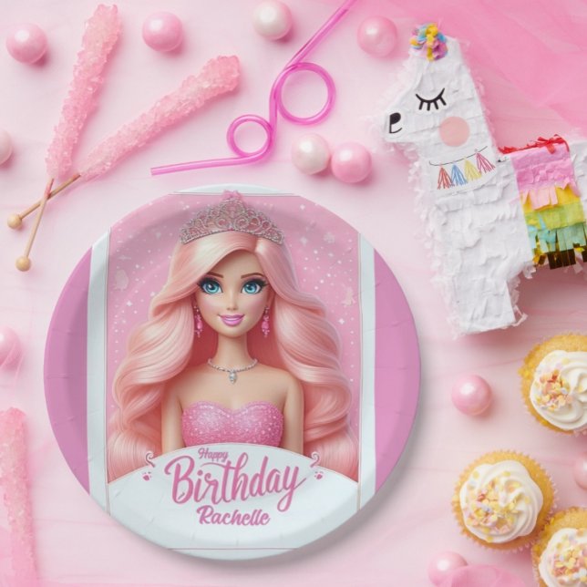 Plato De Papel Cumpleaños Feliz Princesa Rosa Personalizado (Subido por el creador)