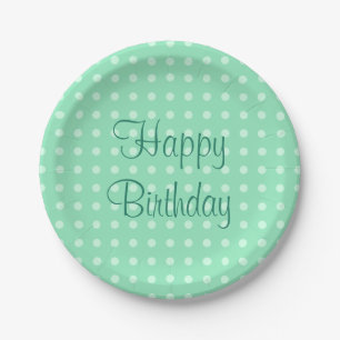 Plato De Papel Cumpleaños Feliz Texto Puntos Rústico Verde Menta