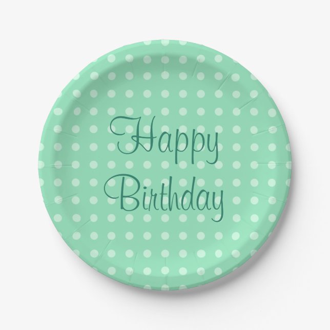Plato De Papel Cumpleaños Feliz Texto Puntos Rústico Verde Menta (Anverso)